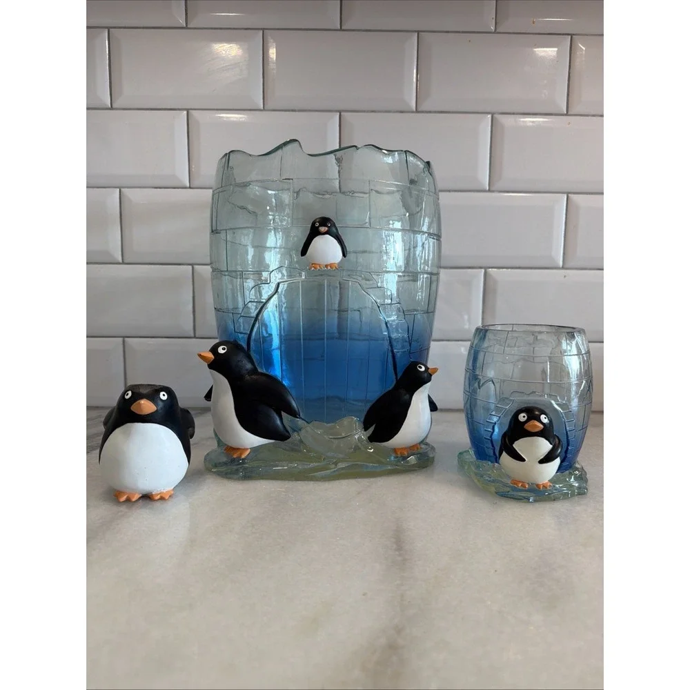 Vintage Heavy Acrylic Color mate Penguin/igloo Wastebasket cup toothbrush Holder